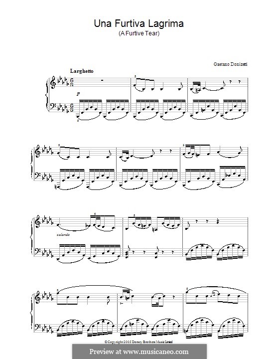 Der Liebestrank: Akt II, Romanze Nemorino 'Una furtiva lagrima', für Klavier by Gaetano Donizetti