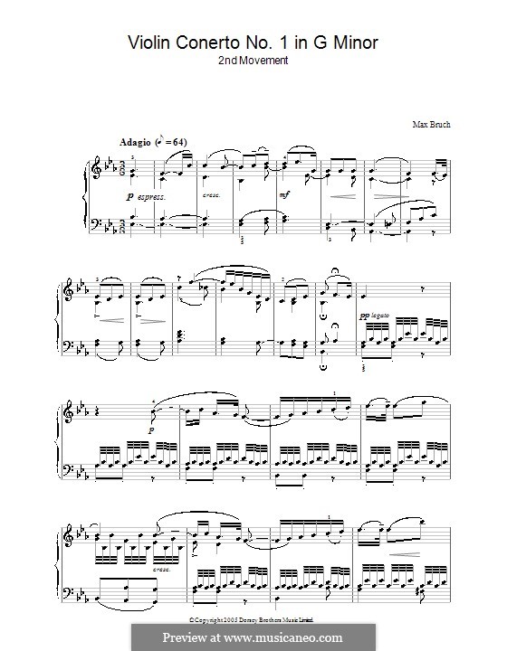 Violinkonzert Nr.1 in g-Moll, Op.26: Teil II. Version für Klavier by Max Bruch