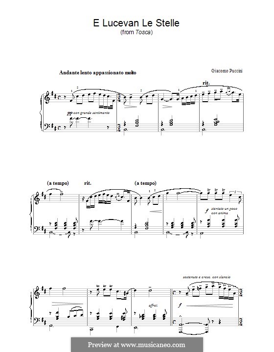 Tosca: E lucevan le stelle, for piano by Giacomo Puccini