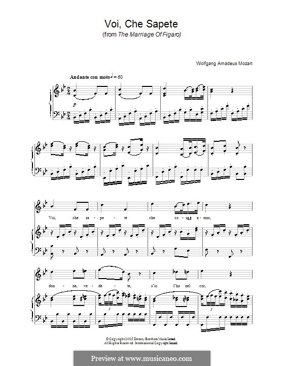 Voi, che sapete: Version für Klavier by Wolfgang Amadeus Mozart
