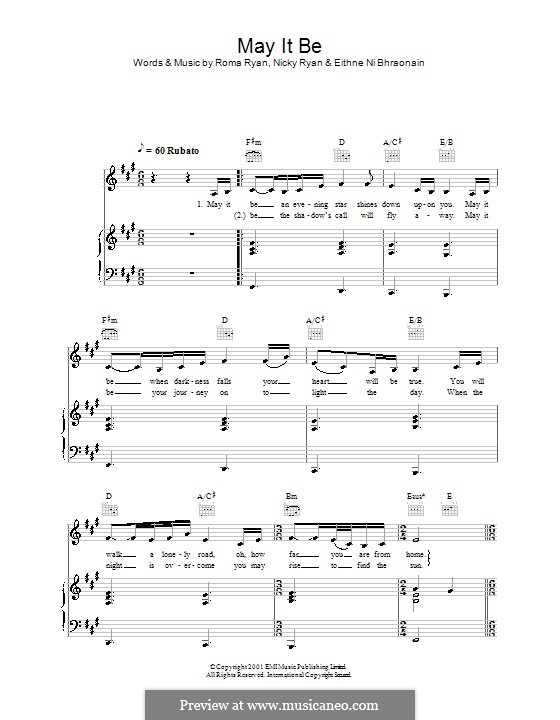 May It Be (Enya): Für Stimme und Klavier (oder Gitarre) by Eithne Ni Bhraonain, Nicky Ryan, Roma Ryan