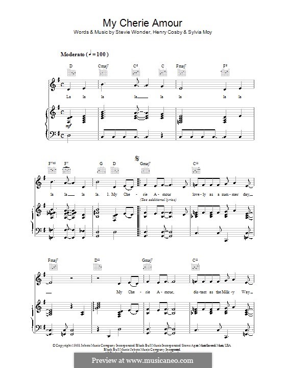 My Cherie Amour (Stevie Wonder): Für Stimme und Klavier (oder Gitarre) by Henry Cosby, Sylvia Moy