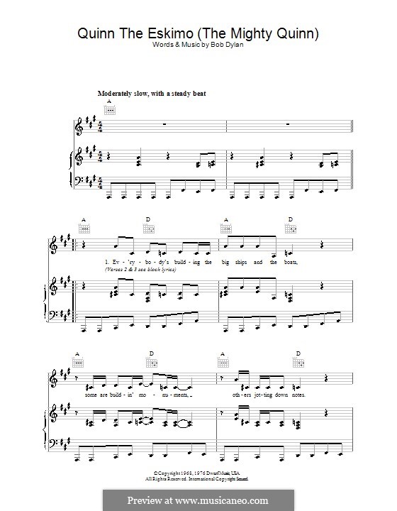 Quinn the Eskimo (The Mighty Quinn): Für Stimme und Klavier (oder Gitarre) by Bob Dylan