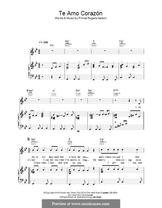 Te Amo Corazon: Für Stimme und Klavier (oder Gitarre) by Prince
