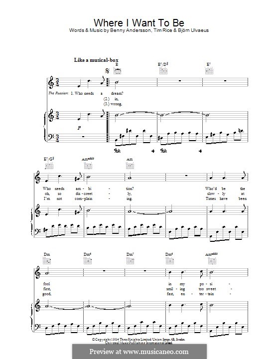 Where I Want To Be (from Chess): Für Stimme und Klavier (oder Gitarre) by Benny Andersson, Björn Ulvaeus