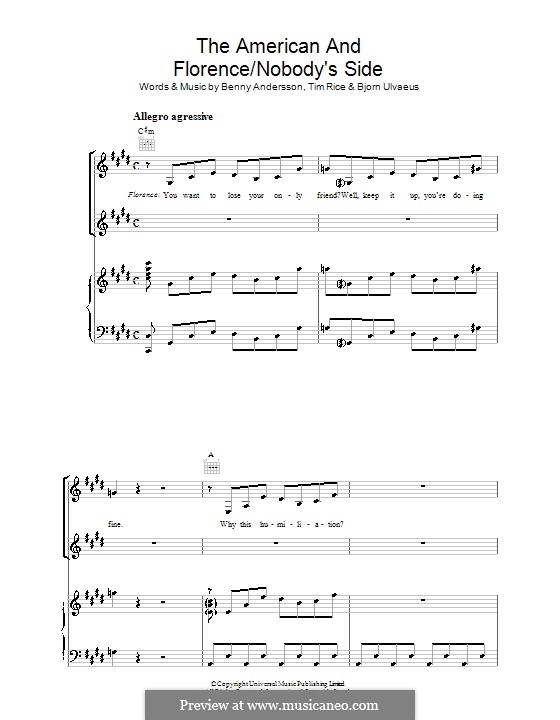 The American and Florence / Nobody's Side: Für Stimme und Klavier (oder Gitarre) by Benny Andersson, Björn Ulvaeus