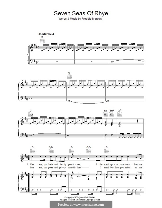 Seven Seas of Rhye (Queen): Für Stimme mit Klavier oder Gitarre by Freddie Mercury