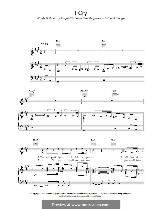 I Cry (Westlife): Für Stimme und Klavier (oder Gitarre) by David Kreuger, Jörgen Kjell Elofsson, Per Magnusson