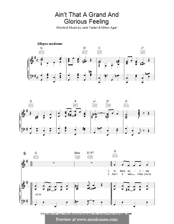 Ain't That a Grand and Glorious Feeling (Jack Yellen): Für Stimme und Klavier (oder Gitarre) by Milton Ager