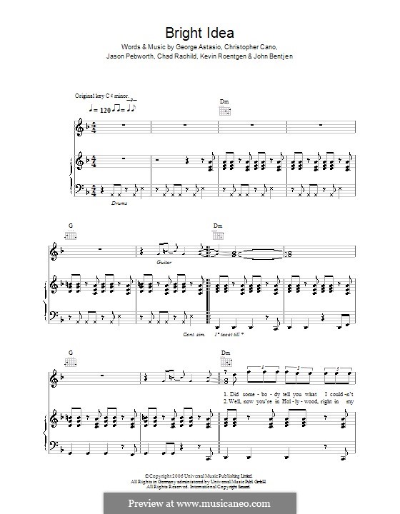 Bright Idea (Orson): Für Stimme und Klavier (oder Gitarre) by Chad Rachild, Christopher Cano, George Astasio, Jason Pebworth, John Bentjen, Kevin Roentgen