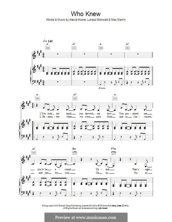 Who Knew (Pink): Für Stimme und Klavier (oder Gitarre) by Alecia Moore, Lukas Gottwald, Max Martin