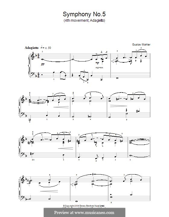 Sinfonie Nr.5 in cis-Moll: Movement IV Adagietto (Theme). Version for piano by Gustav Mahler