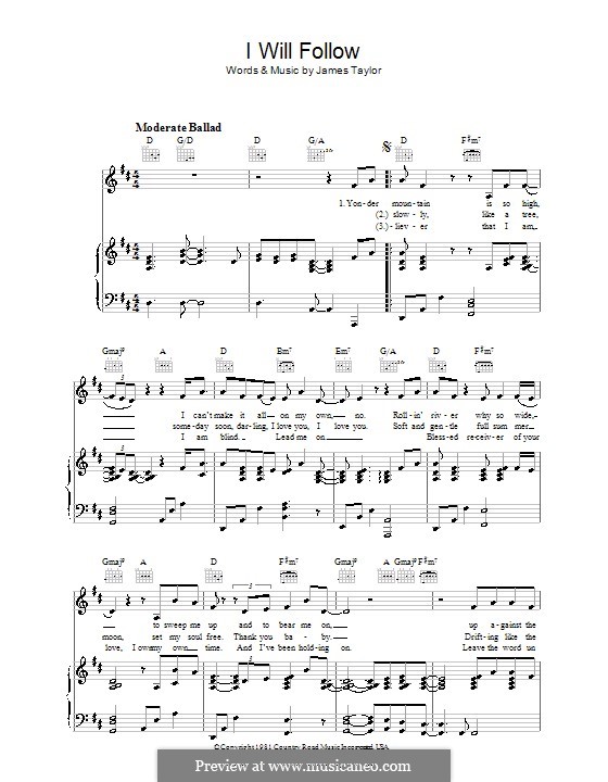 I Will Follow: Für Stimme und Klavier (oder Gitarre) by James Taylor