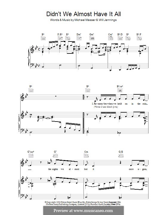 Didn't We Almost Have It All (Whitney Houston): Für Stimme und Klavier (oder Gitarre) by Michael Masser, Will Jennings