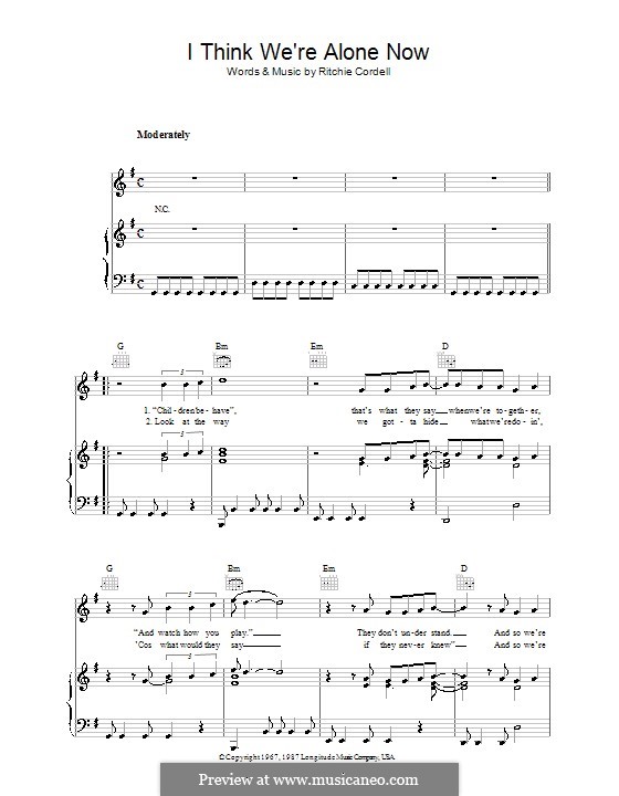 I Think We're Alone Now: Für Stimme und Klavier (oder Gitarre) by Ritchie Cordell