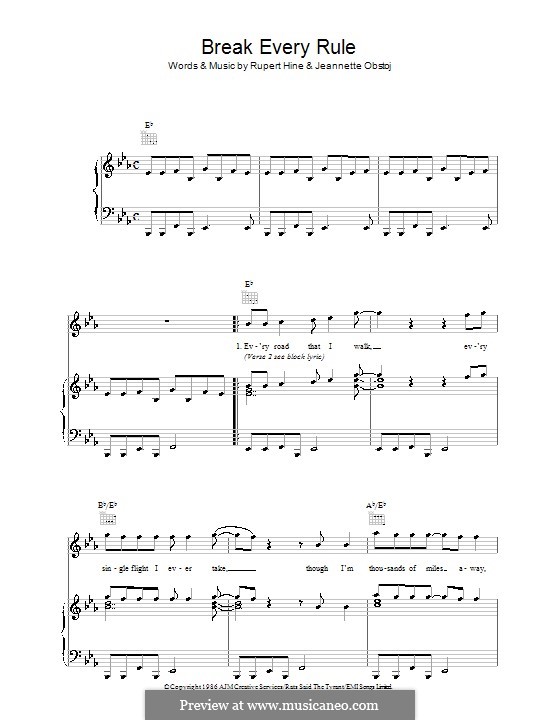 Break Every Rule (Tina Turner): Für Stimme und Klavier (oder Gitarre) by Jeannette Obstoj, Rupert Hine
