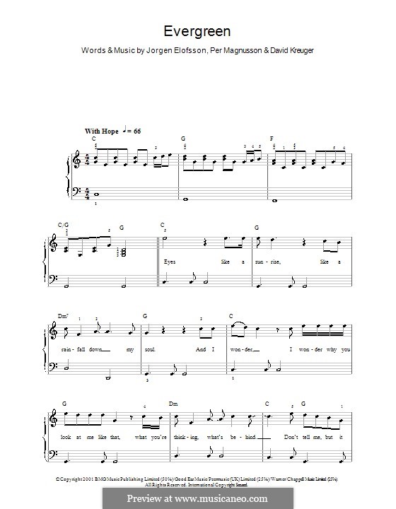 Evergreen (Westlife): Für Klavier, leicht by David Kreuger, Jörgen Kjell Elofsson, Per Magnusson
