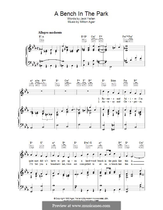 A Bench in the Park (Jack Yellen): Für Stimme und Klavier (oder Gitarre) by Milton Ager
