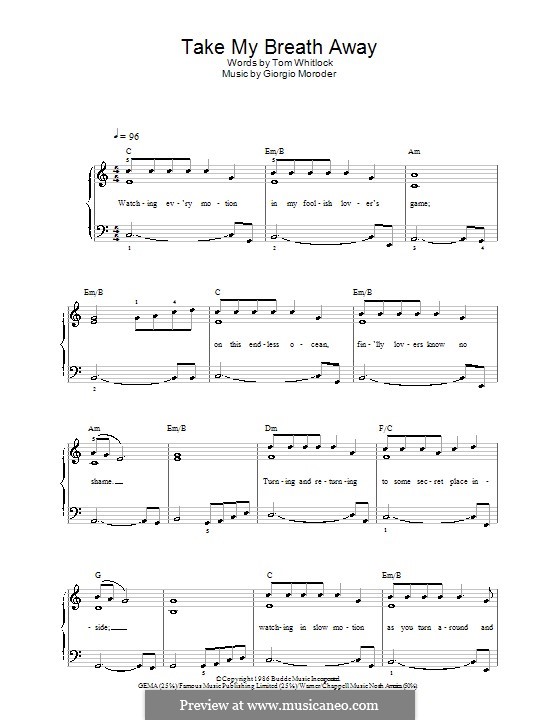 Take My Breath Away (Berlin): Einfache Noten für Klavier by Giorgio Moroder