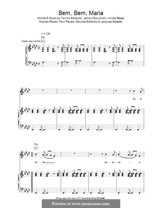 Bem Bem Maria (Gipsy Kings): Für Stimme und Klavier (oder Gitarre) by Andre Reyes, Jacques Baliardo, Jahloul Bouchikhi, Maurice Baliardo, Nicolas Reyes, Paul Reyes, Tonino Baliardo