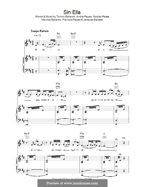 Sin Ella (Gipsy Kings): Für Stimme und Klavier (oder Gitarre) by Andre Reyes, Francois Reyes, Jacques Baliardo, Maurice Baliardo, Nicolas Reyes, Tonino Baliardo