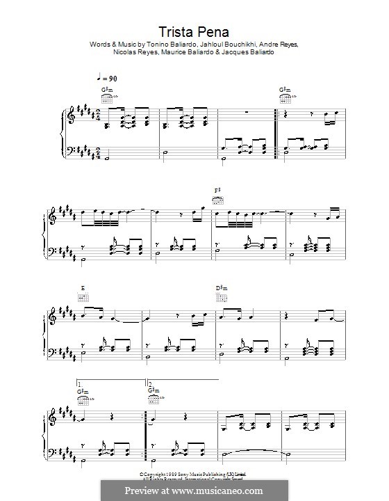 Trista Pena (Gipsy Kings): Für Stimme und Klavier (oder Gitarre) by Andre Reyes, Jacques Baliardo, Jahloul Bouchikhi, Maurice Baliardo, Nicolas Reyes, Tonino Baliardo
