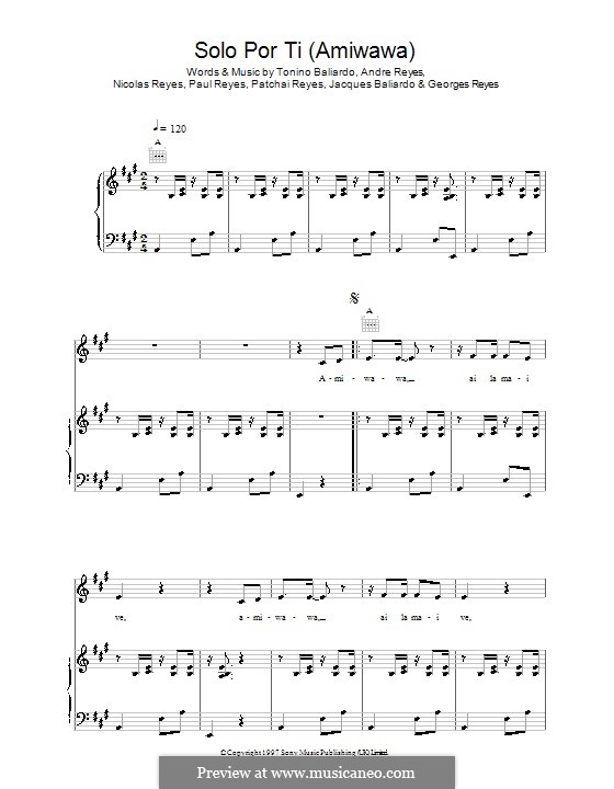 Solo Por Ti (Amiwawa): Für Stimme mit Klavier oder Gitarre (Gipsy Kings) by Andre Reyes, Georges Reyes, Jacques Baliardo, Nicolas Reyes, Patchai Reyes, Paul Reyes, Tonino Baliardo