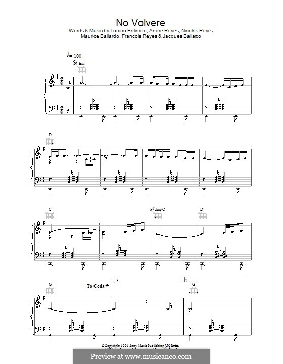 No Volvere (Gipsy Kings): Für Stimme und Klavier (oder Gitarre) by Andre Reyes, Francois Reyes, Jacques Baliardo, Maurice Baliardo, Nicolas Reyes, Tonino Baliardo