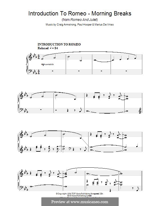 Introduction to Romeo - Morning Breaks (from Romeo and Juliet): Für Klavier by Marius De Vries, Paul Hooper