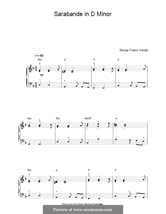 Suite Nr.4 in d-Moll, HWV 437: Sarabande, einfache Noten für Klavier by Georg Friedrich Händel