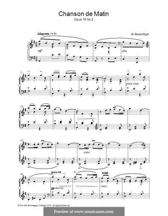 Zwei Stücke, Op.15: No.2 Chanson de matin, for piano (high quality sheet music) by Edward Elgar
