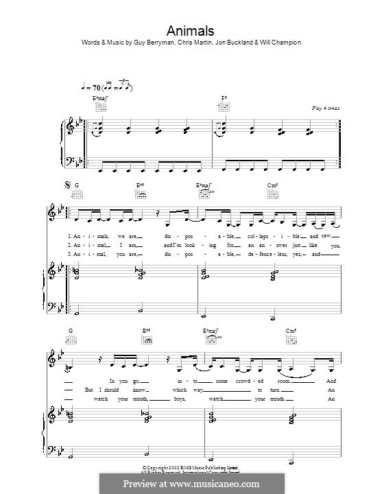 Animals (Coldplay): Für Stimme und Klavier (oder Gitarre) by Chris Martin, Guy Berryman, Jonny Buckland, Will Champion