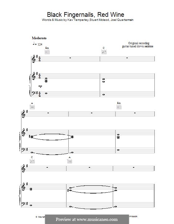 Black Fingernails, Red Wine (Eskimo Joe): Für Stimme und Klavier (oder Gitarre) by Joel Quartermain, Kavyen Temperley, Stuart MacLeod