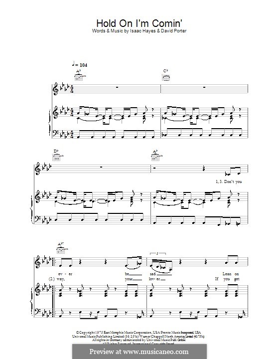 Hold on, I'm Comin': Für Stimme und Klavier (oder Gitarre) by David Porter, Isaac Hayes