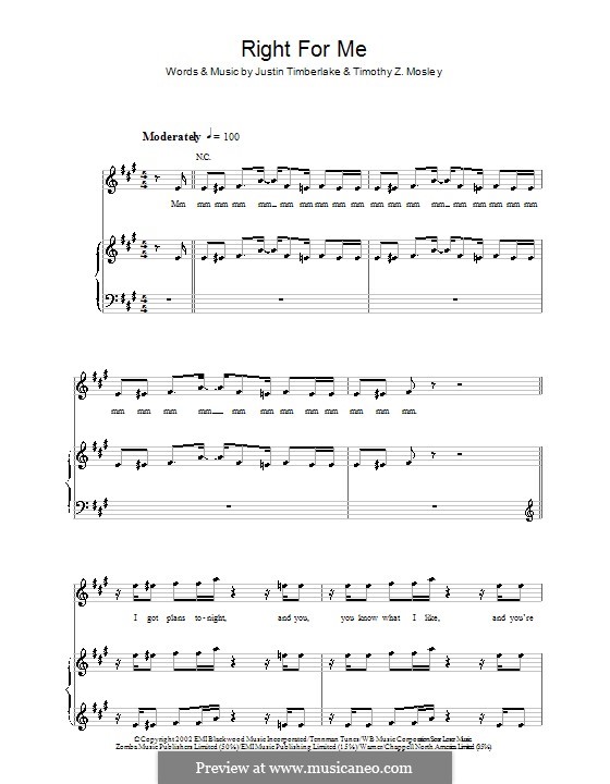 Right for Me (Justin Timberlake): Für Stimme und Klavier (oder Gitarre) by Timbaland, Warren Mathis