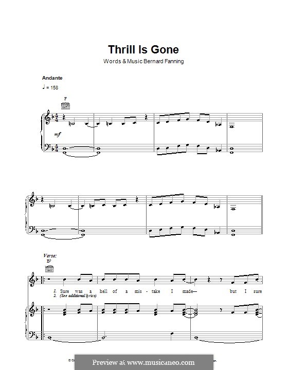 Thrill Is Gone: Für Stimme und Klavier (oder Gitarre) by Bernard Fanning