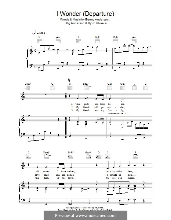 I Wonder (Departure): Für Stimme mit Klavier oder Gitarre (ABBA) by Benny Andersson, Björn Ulvaeus, Stig Anderson