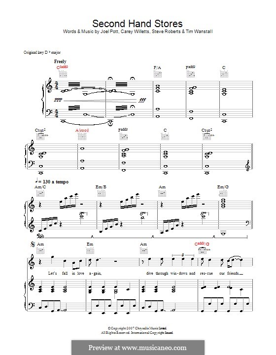 Second Hand Stores (Athlete): Für Stimme und Klavier (oder Gitarre) by Carey Willetts, Joel Pott, Steven Roberts, Timothy Wanstall