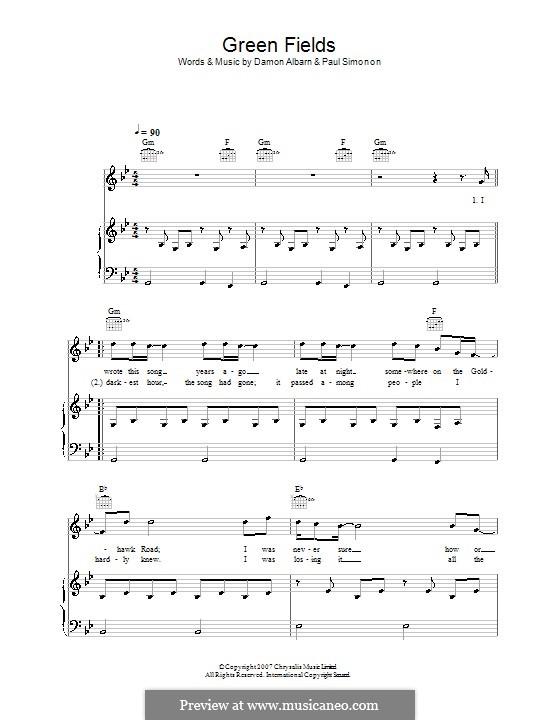 Green Fields (The Good The Bad & The Queen): Für Stimme und Klavier (oder Gitarre) by Damon Albarn, Paul Simonon