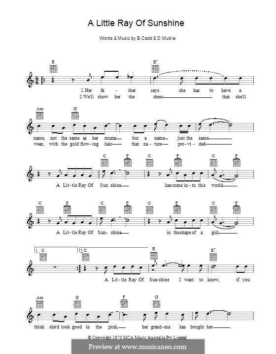 A Little Ray of Sunshine (Axiom): Melodie, Text und Akkorde by Brian Cadd, Don Mudie