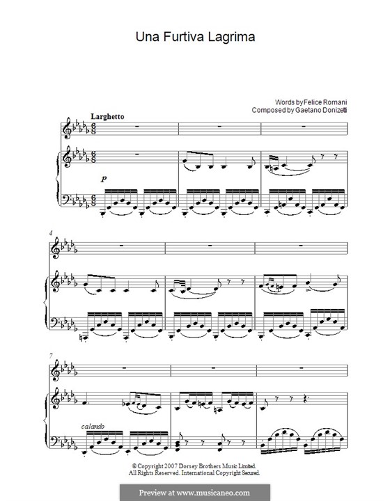 Der Liebestrank: Akt II, Romanze Nemorino 'Una furtiva lagrima' by Gaetano Donizetti