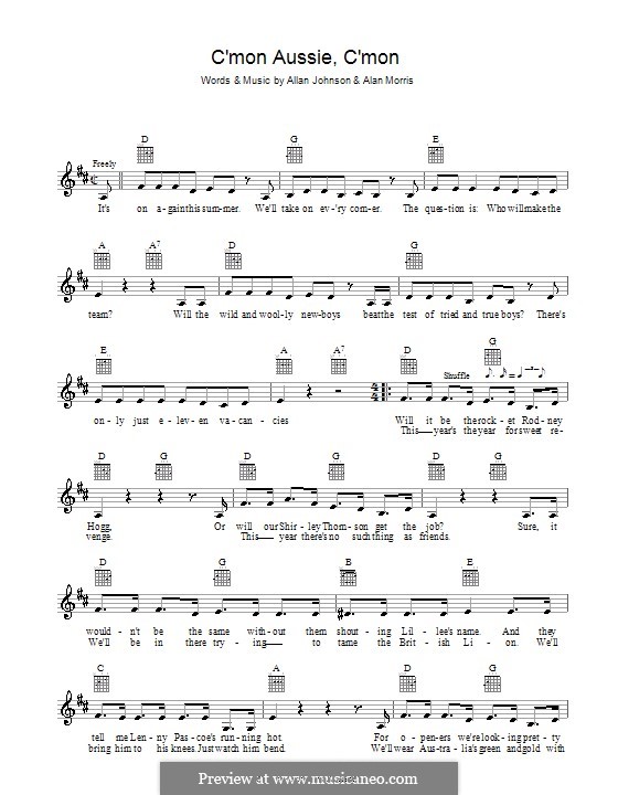 C'mon Aussie, C'mon (The Mojo Singers): Melodie, Text und Akkorde by Alan Morris, Allan Johnson