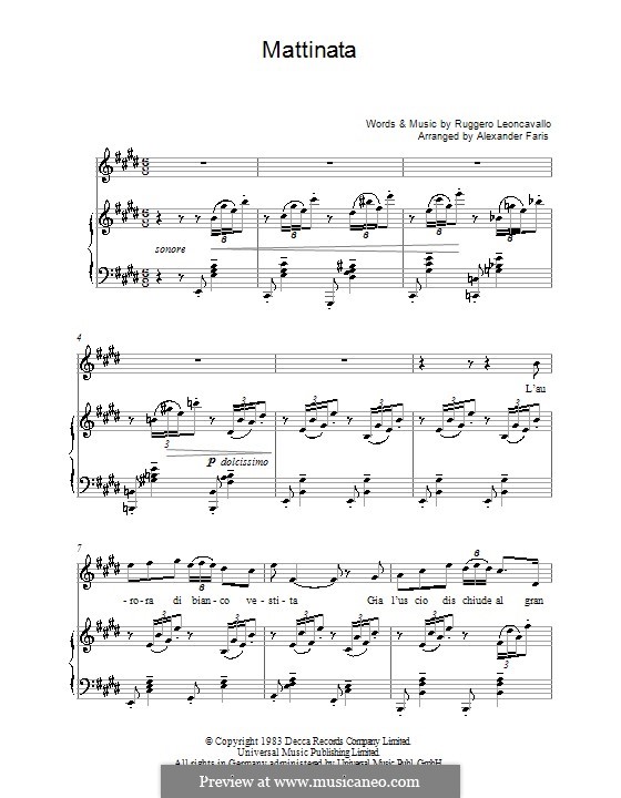 Mattinata: Klavierauszug mit Singstimmen by Ruggero Leoncavallo