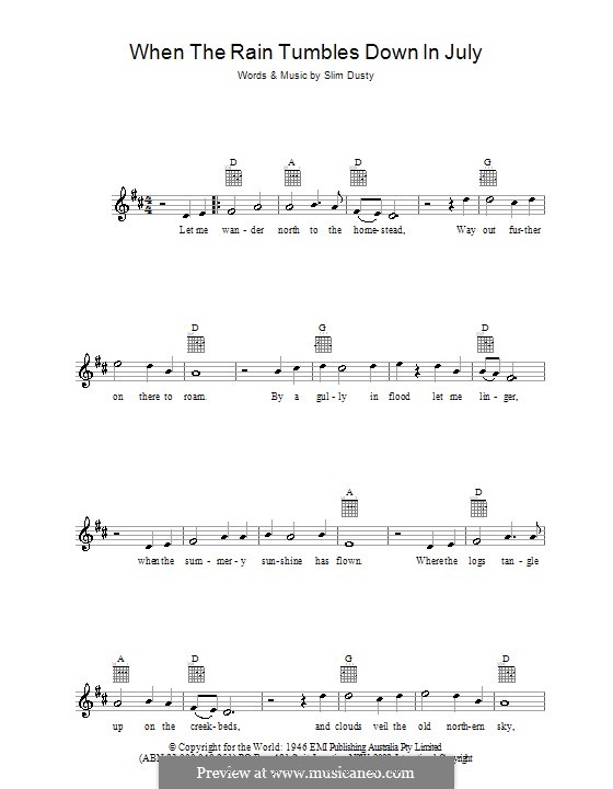 When the Rain Tumbles Down in July: Melodie, Text und Akkorde by Slim Dusty