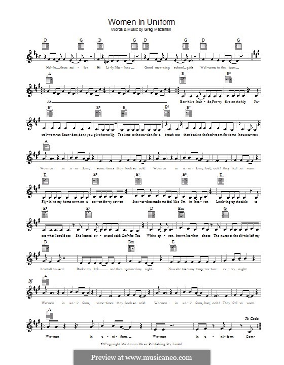 Women in Uniform (Skyhooks): Melodie, Text und Akkorde by Gregory MacAinsh