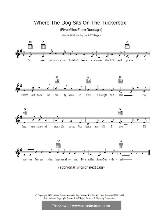 Where the Dog Sits on the Tuckerbox (Five Miles from Gundagai): Melodie, Text und Akkorde by Jack O'Hagan