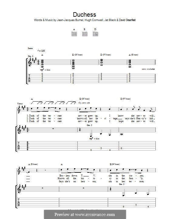Duchess (The Stranglers): Für Gitarre mit Tabulatur by David Greenfield, Hugh Cornwell, Jean-Jacques Burnel, Jet Black