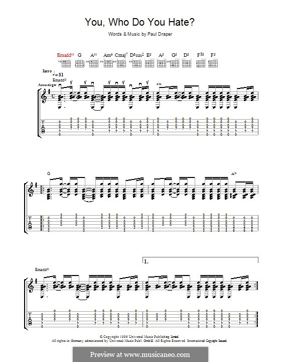 You, Who Do You Hate? (Mansun): Für Gitarre mit Tabulatur by Paul Draper