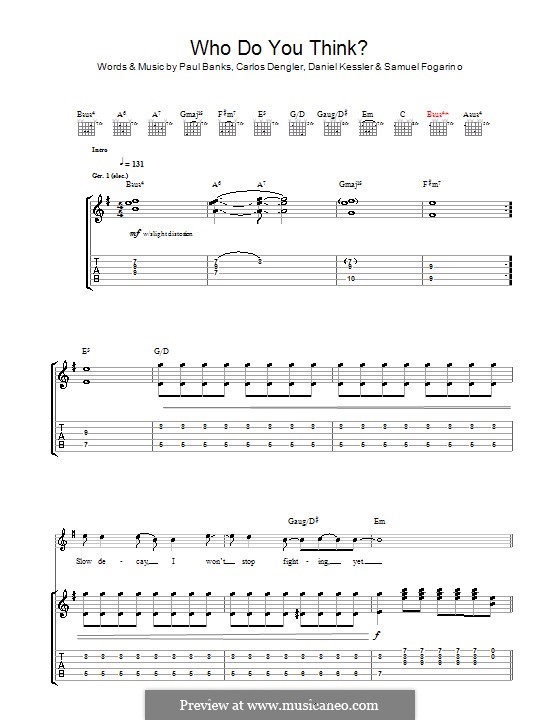 Who Do You Think (Interpol): Für Gitarre mit Tabulatur by Carlos Dengler, Daniel Kessler, Paul Banks, Samuel Fogarino