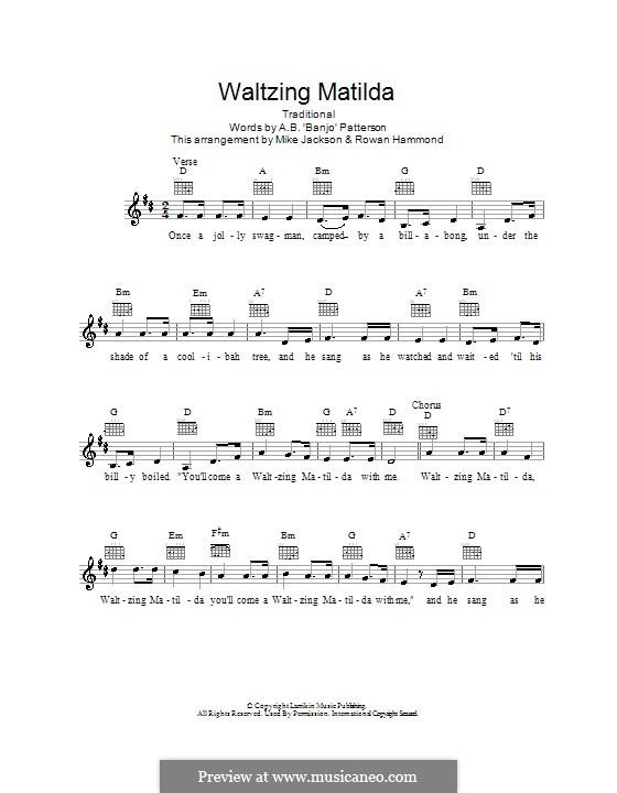 Waltzing Matilda: Melodie, Text und Akkorde by folklore